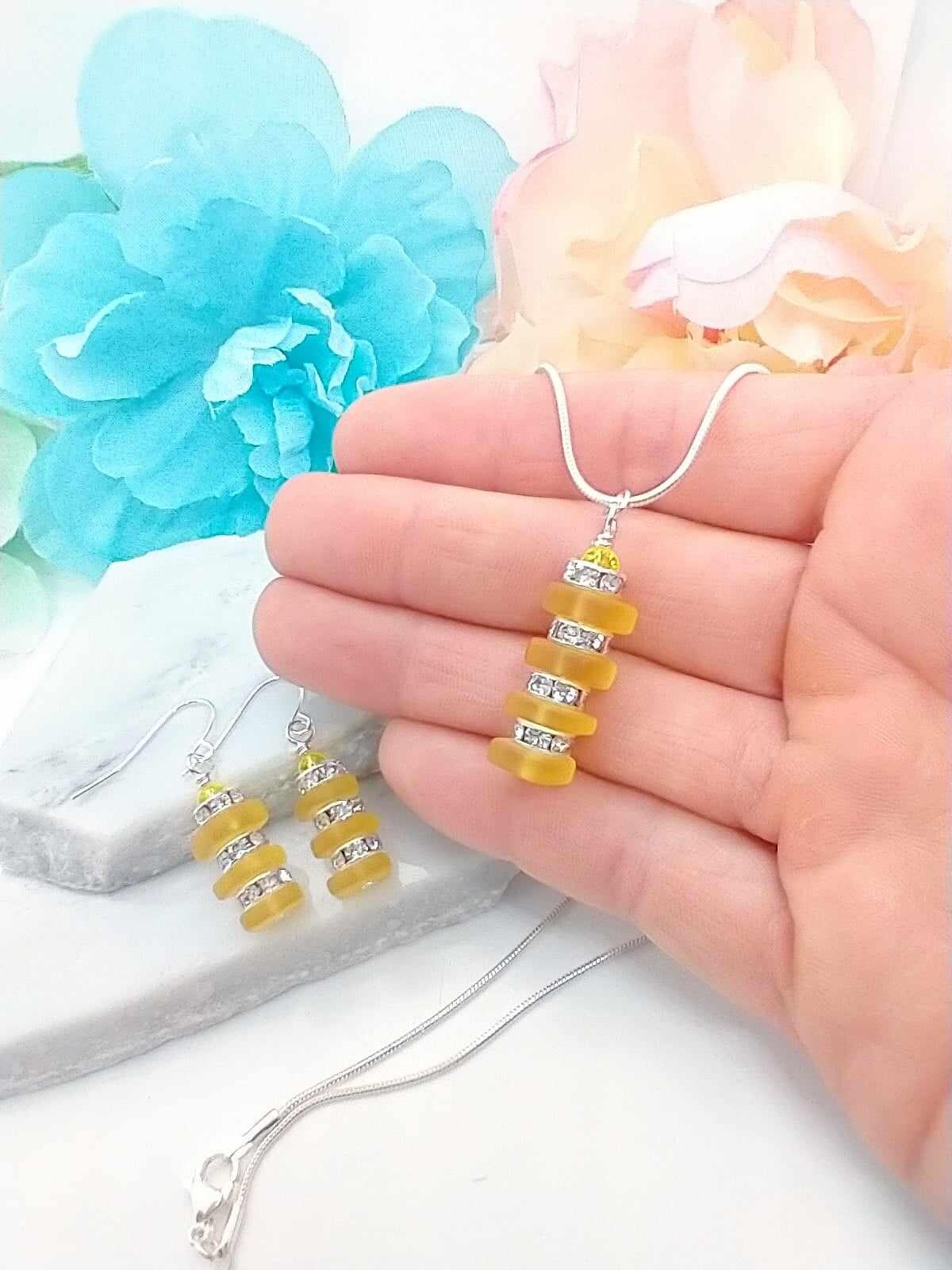 Yellow Stacked Sea Glass Sterling Silver Dangle Earrings Beach Jewelry Gift For Her Minimalist Drops Christmas Gift Stocking Stuffer