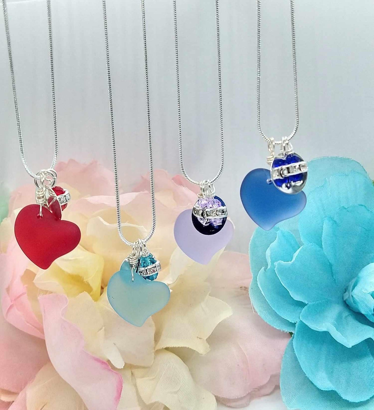 Personalized Sea Glass Heart Necklace: Silver Snake Chain, Initial Charm