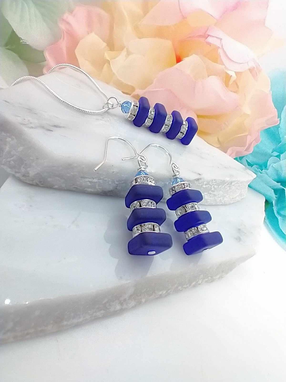 Cobalt Blue Stacked Sea Glass .925 Sterling Silver Dangle Earrings, Crystal Rhinestone, Beach Jewelry, Gift For Her, Minimalist Drops