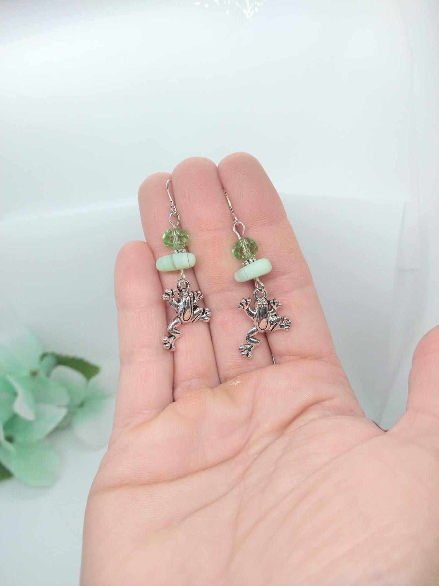 Green Glass Stainless Steel Frog Charm Silver Dangle Earrings Gifts For Her Nature Lover