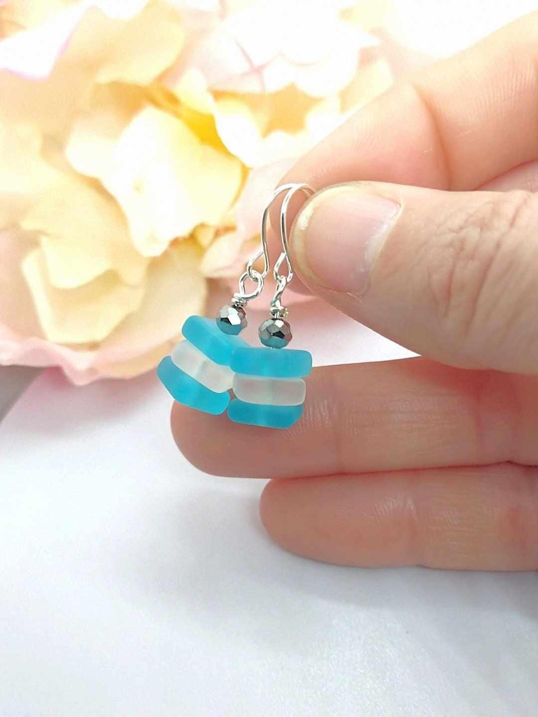 Blue Sea Glass Dangle Earrings: Sterling Silver Beach Jewelry