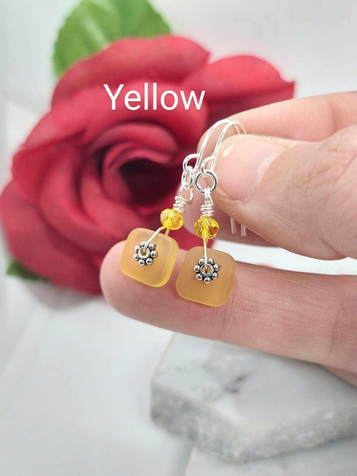 Minimalist Seaglass Dangle Earrings in Sterling Silver - Gift For Her Dainty Dangles Beach Inspired Jewelry Small Drop Stud Hoops