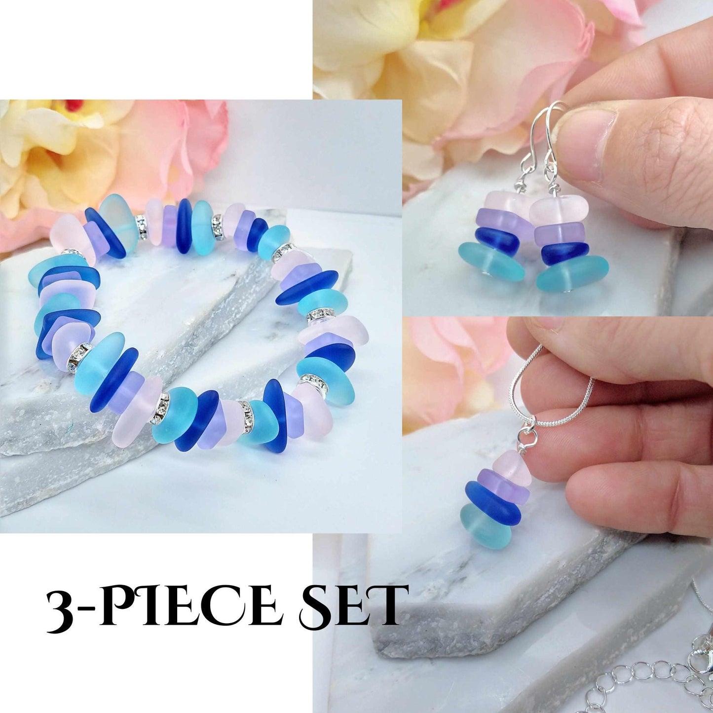 Handmade Sea Glass Stretch Bracelet: Sterling Silver Crystal Accents