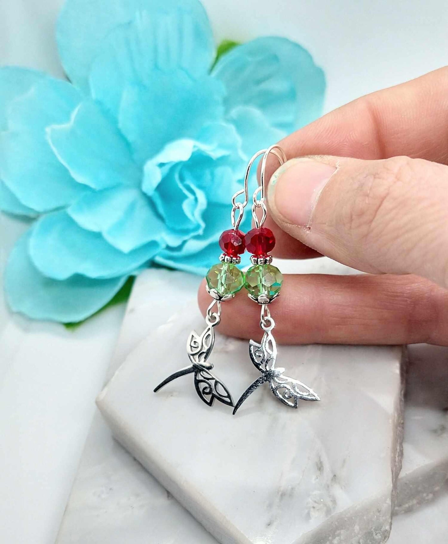 Dragonfly Dangle Earrings: Stainless Steel with Faceted Glass Beads