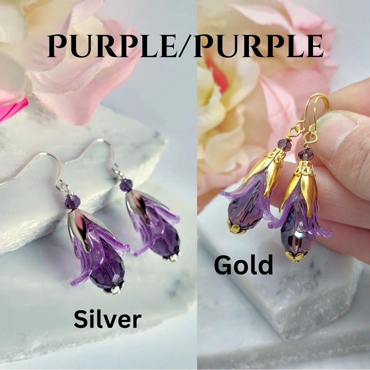 Purple Flower Dangle Earrings: Sterling Silver Floral Drops