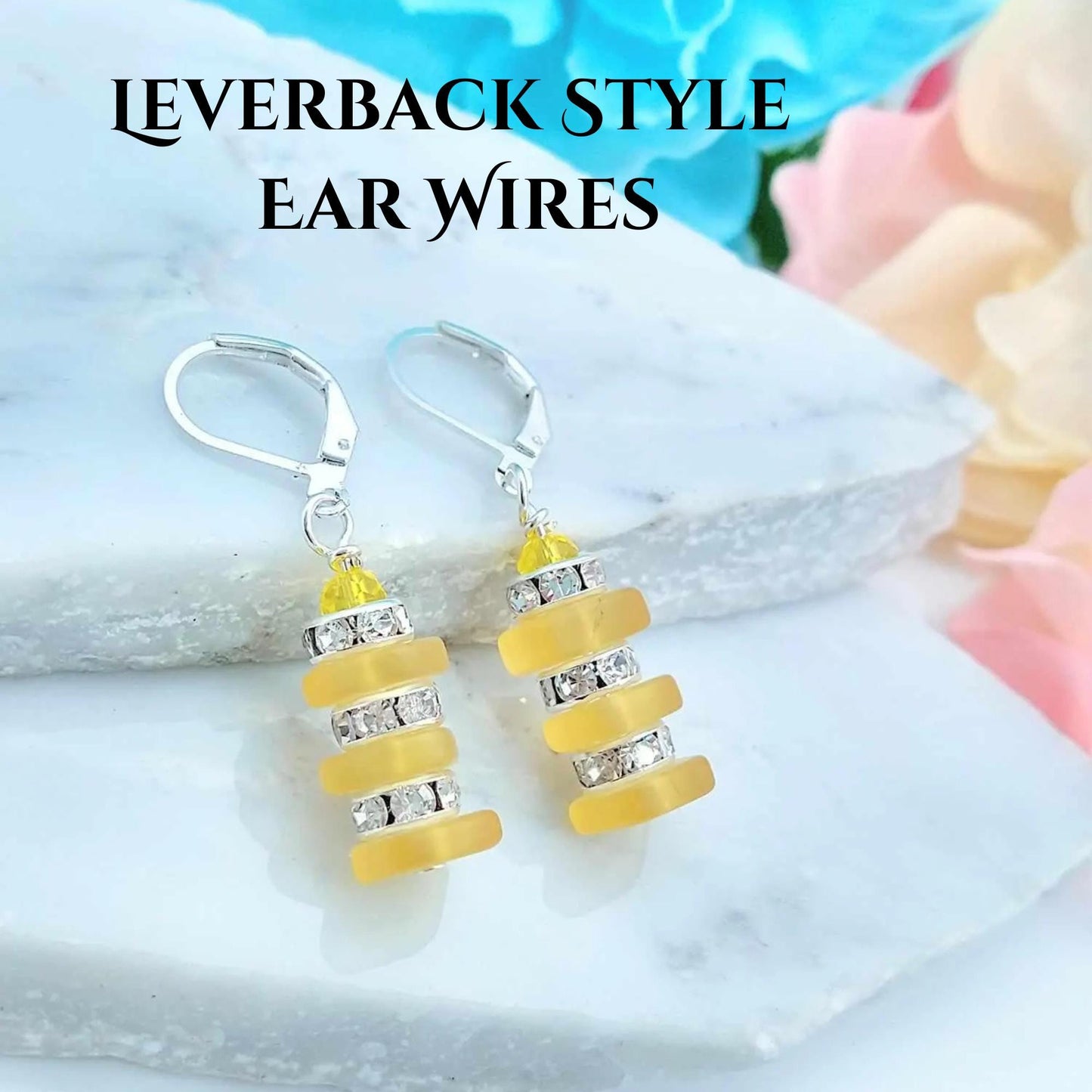 Yellow Sea Glass Dangle Earrings: Silver Rhinestone Accent