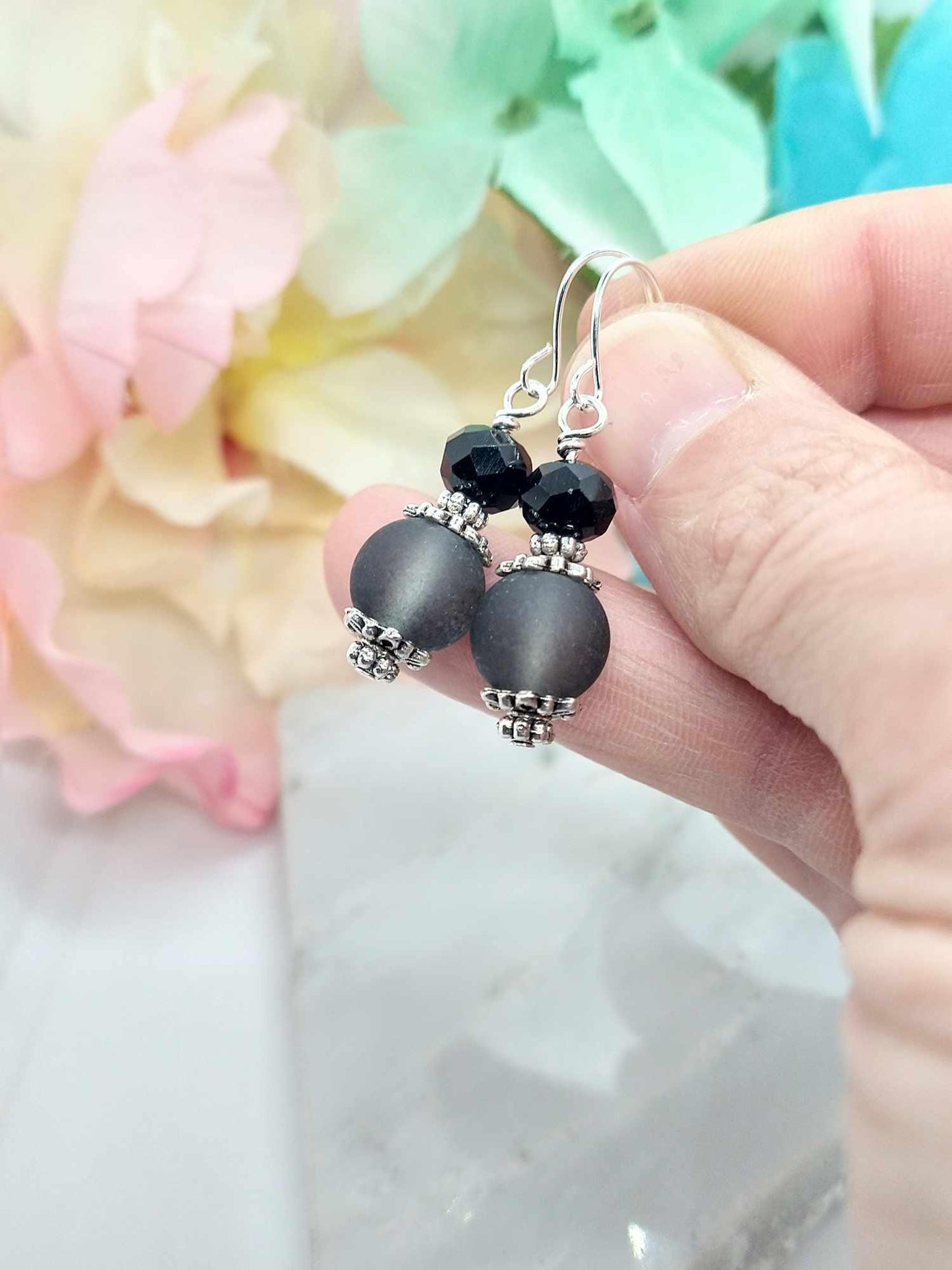 Black Sea Glass Dangle Earrings: Sterling Silver Drop Earrings