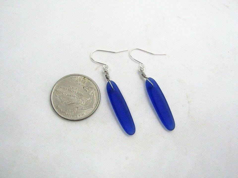 Long Cobalt Seaglass Earrings: Bohemian Silver Dangle Earrings