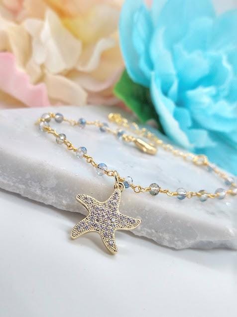 Gold Starfish Charm Bracelet: Beaded Gemstone, Beachy Jewelry