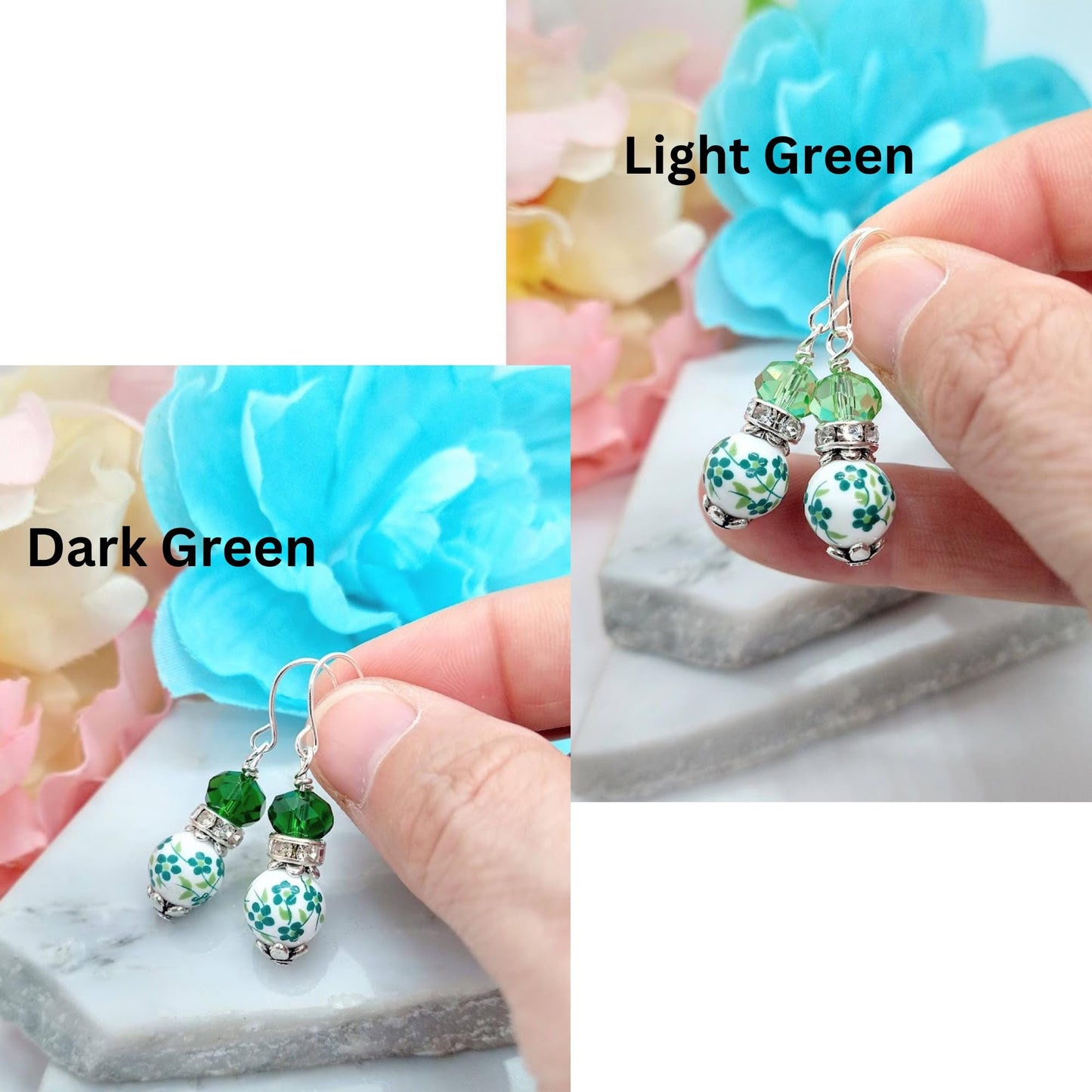 Porcelain Flower Earrings: Sterling Silver Floral Dangles