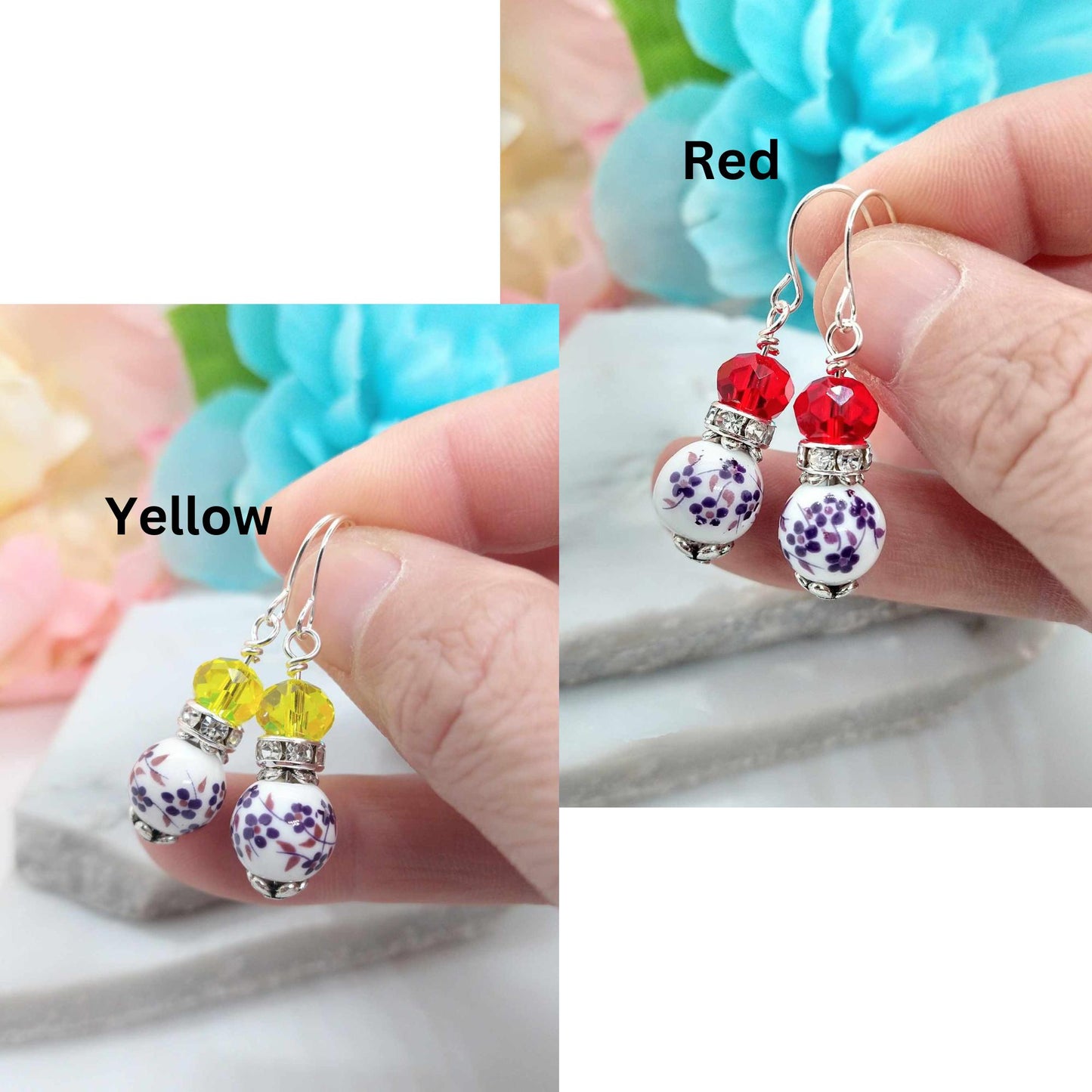 Floral Dangle Earrings: Porcelain Flower, Sterling Silver, Nature Jewelry