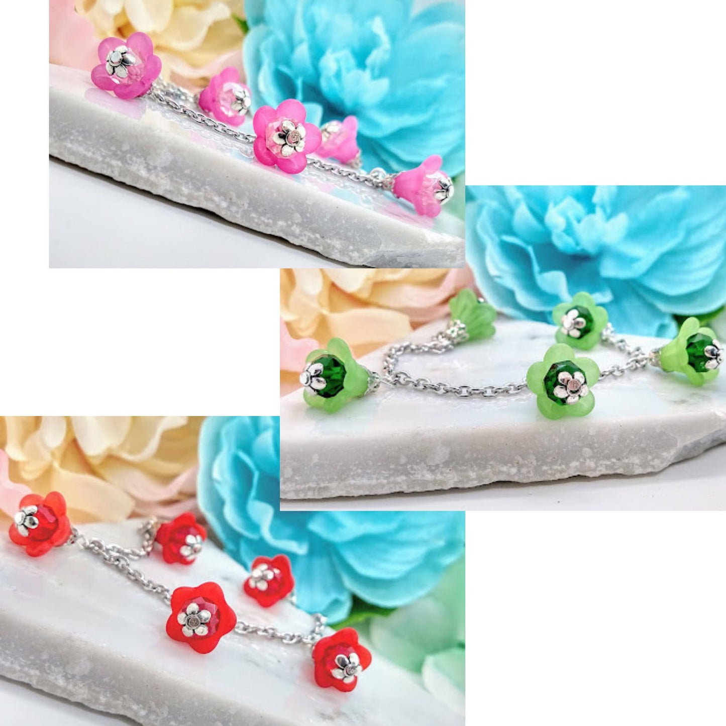 Handmade Pink Flower Charm Bracelet: Boho Floral Jewelry