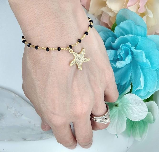 Onyx Beaded Bracelet: Starfish Charm, 18kt Gold Vermeil