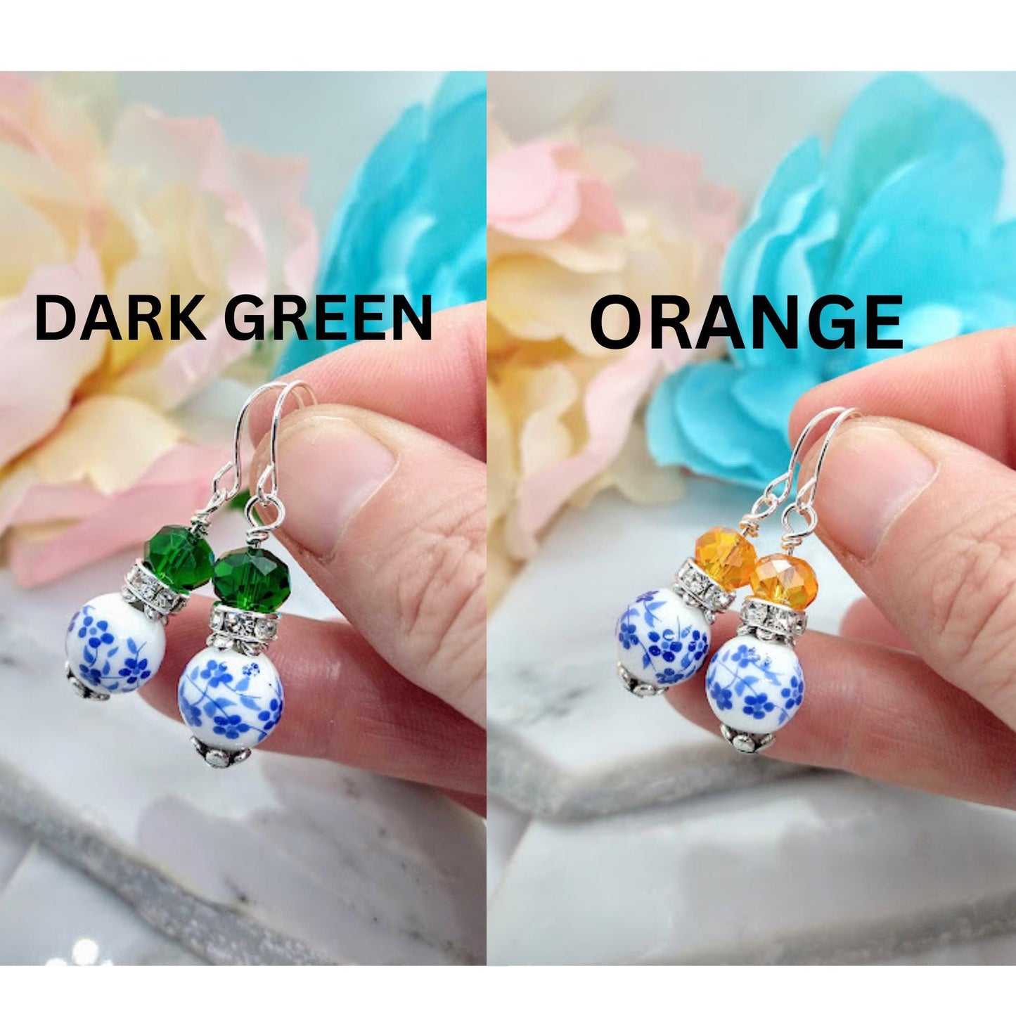 Blue Floral Earrings: Sterling Silver Dangle Earrings with Green Accents