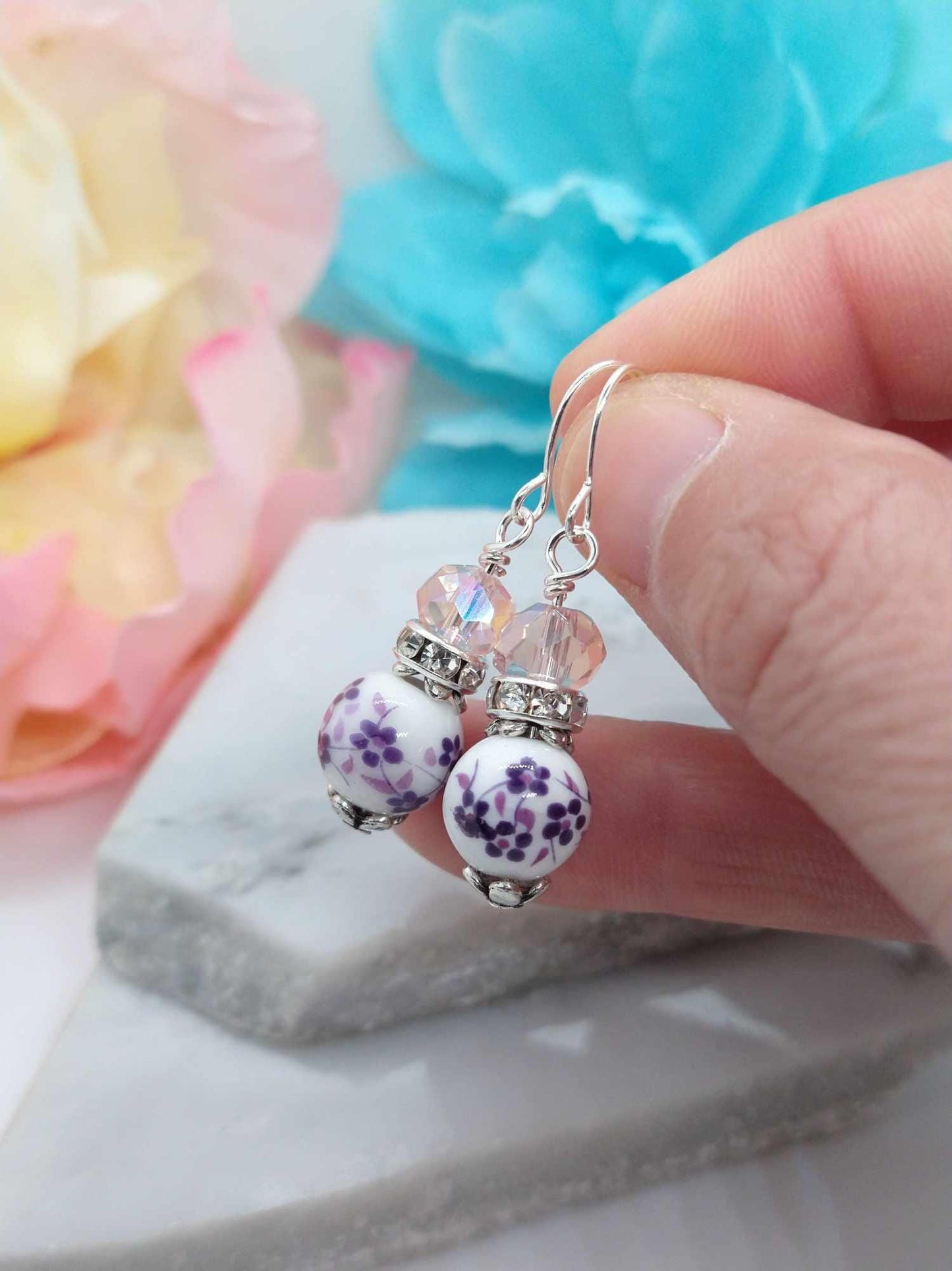 Valentine’s Gift for Her, Pink & Purple Floral Earrings, Romantic Gift for Wife or Girlfriend, Handmade Dainty Jewelry