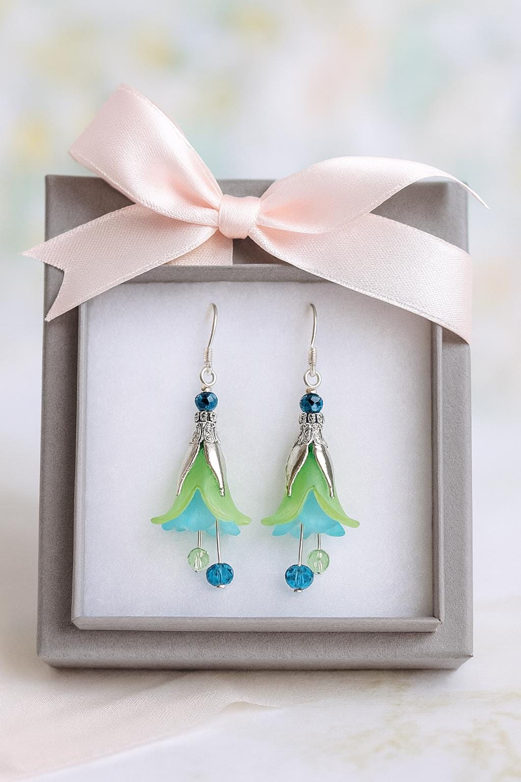 Handmade Blue Floral Dangle Earrings, Silver or Gold Finish