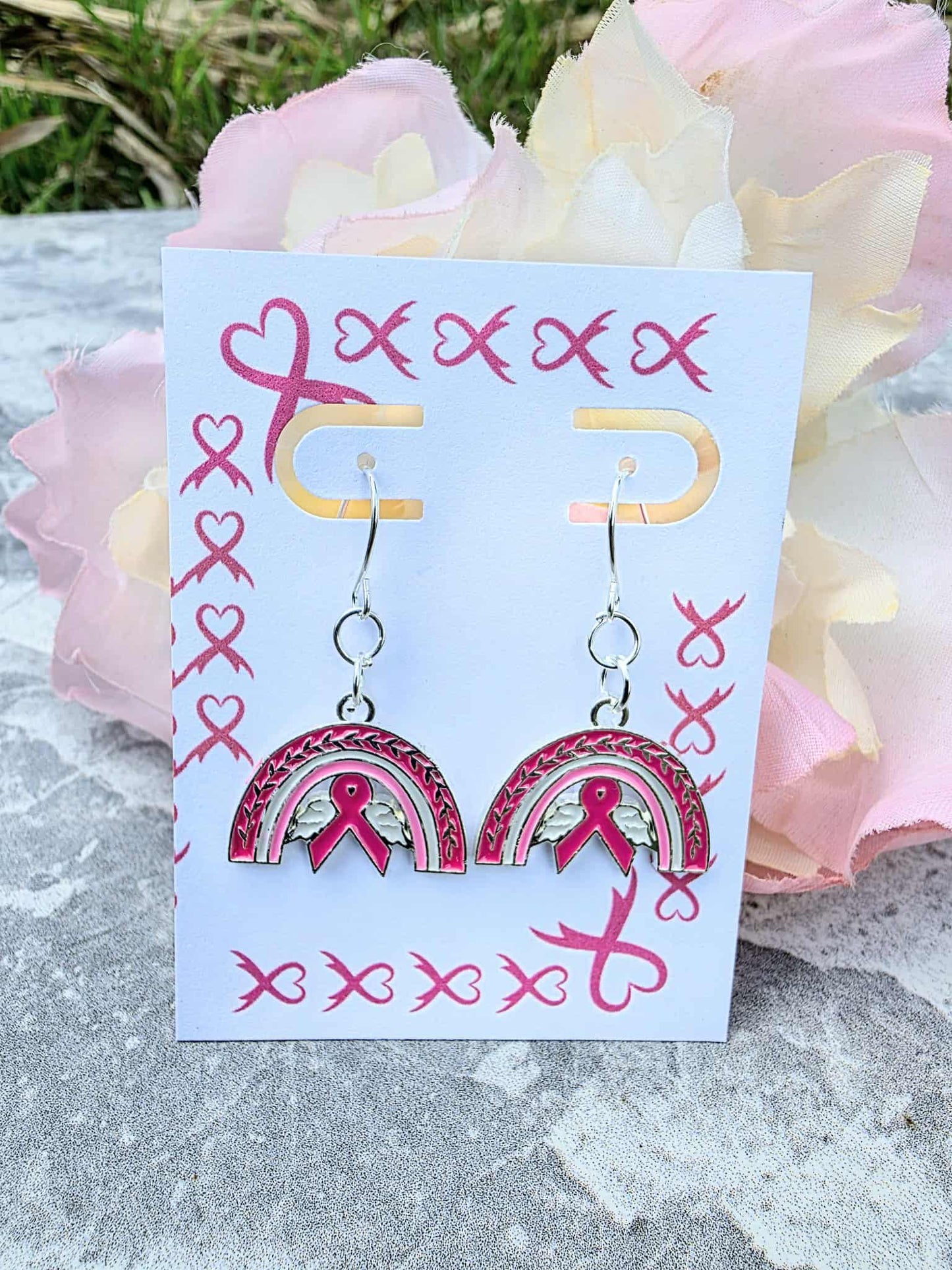 Pink Ribbon Rainbow Earrings ā Breast Cancer Awareness Jewelry, Survivor Gift, Support Hope Earrings
