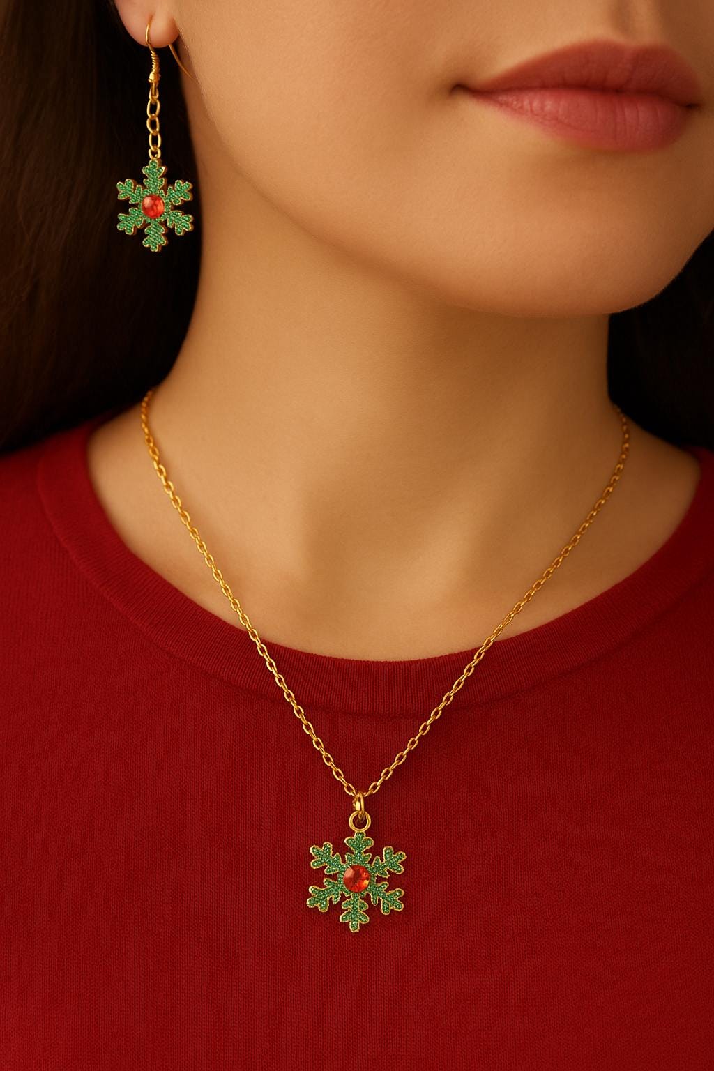 Green Snowflake Jewelry Set – Christmas Holiday Earrings & Matching Necklace – Festive Winter Gift for Women