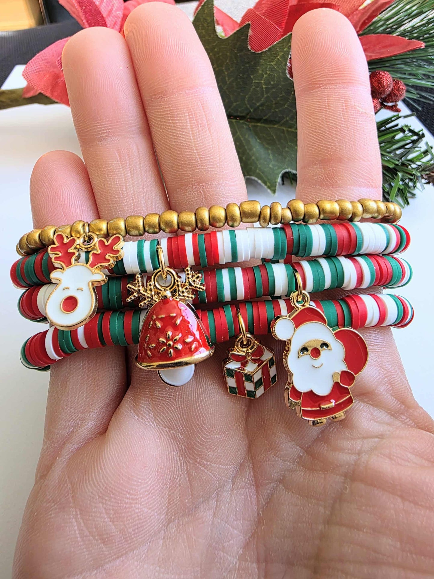 Christmas Stackable Stretch Bracelet Set | 4pc Holiday Heishi Bead Bracelet | Gold Santa Reindeer Gift Jewelry | Festive Gift For Her