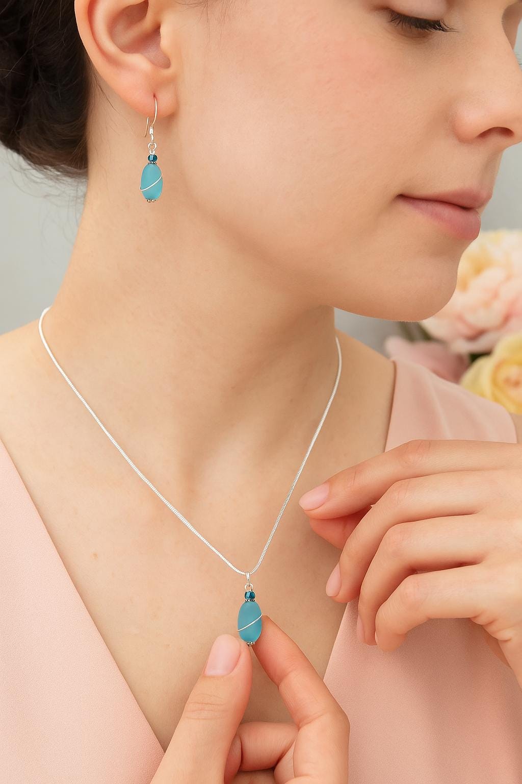 Aqua Sea Glass Necklace, Hypoallergenic Stainless Steel, Coastal Jewelry