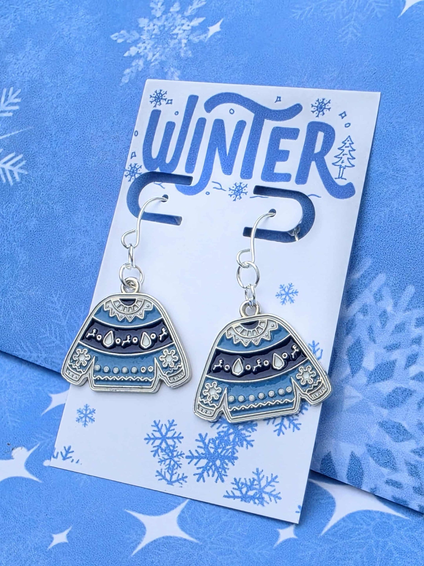 Ugly Christmas Sweater Earrings | Funny Holiday Jewelry | Blue Festive Dangle Earrings | Winter Party Accessory | Gift for Her