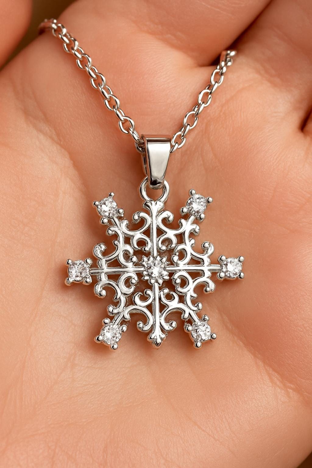 Sparkling Silver Christmas Snowflake Necklace, Stainless Steel Chain 18 Inch, Platinum Pendant, Holiday Gift For Her, Festive Jewelry