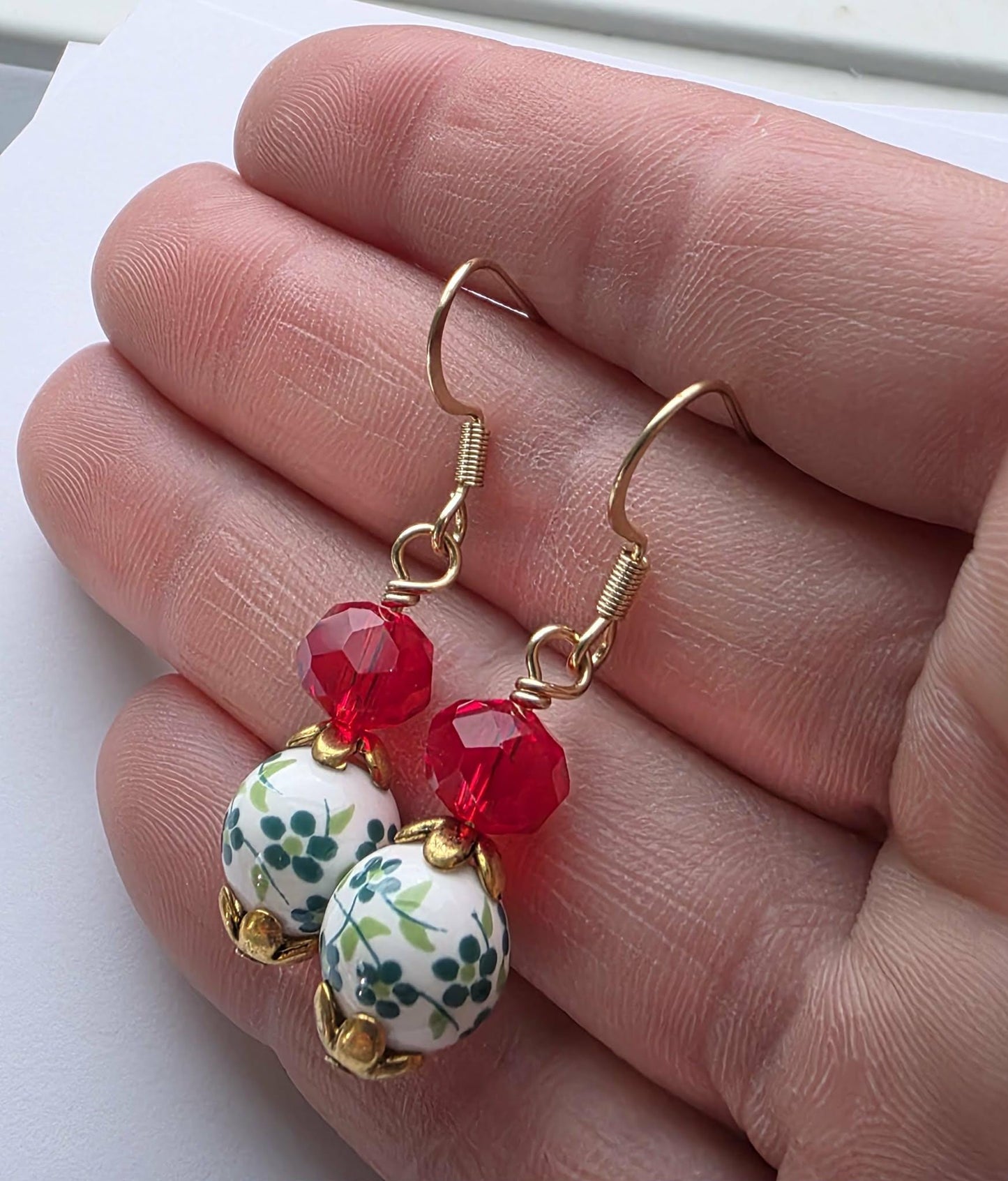 Red Crystal Floral Christmas Earrings In Gold | Holiday Dangle Jewelry