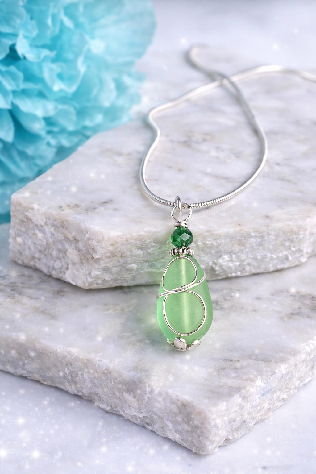 Seafoam Green Sea Glass Necklace | Silver Aventurine Coastal Jewelry