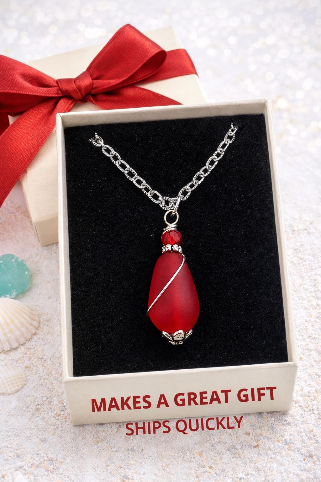 Red Sea Glass Necklace | Wire Wrapped Teardrop Pendant, Handmade