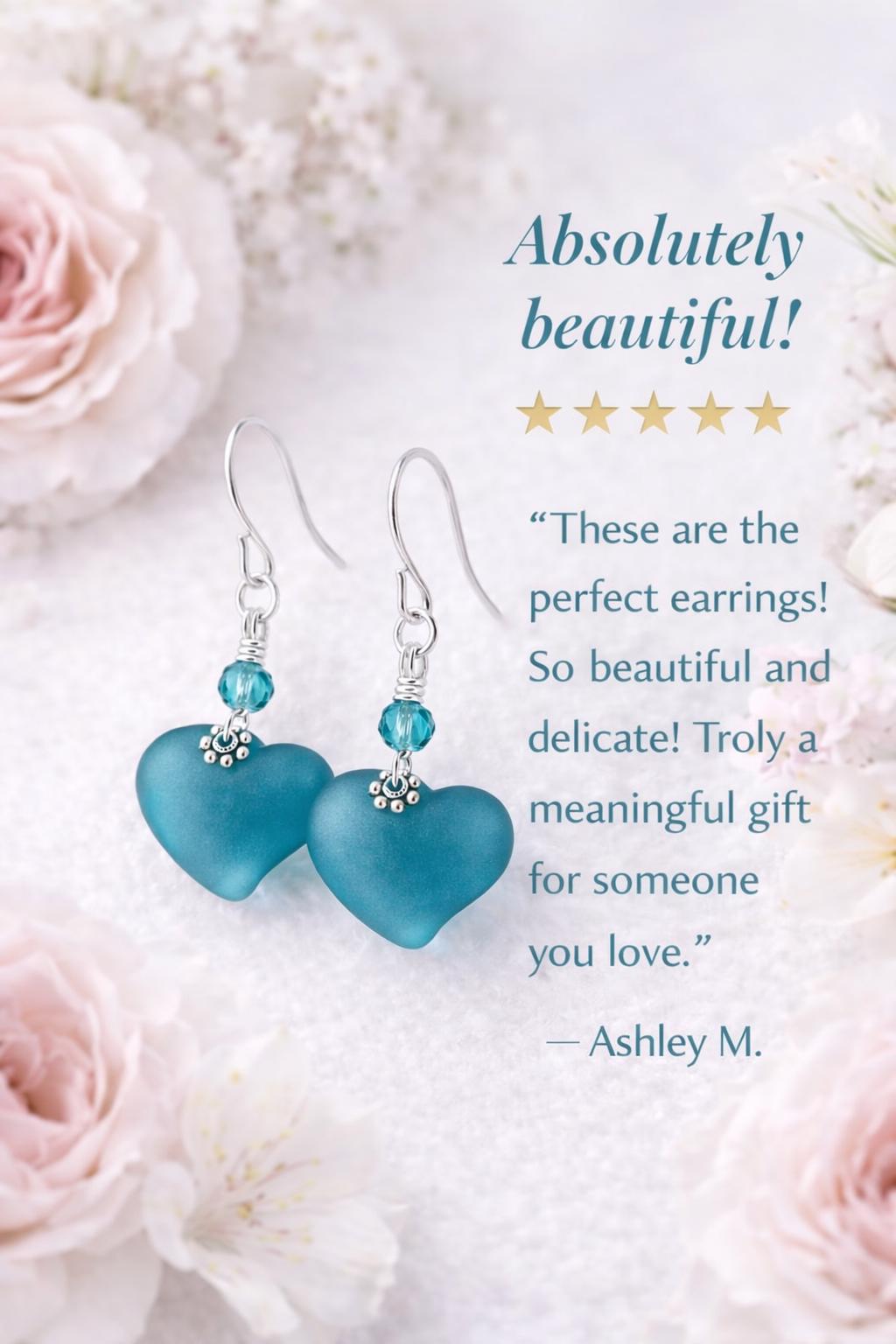 Teal Sea Glass Heart Earrings, Frosted Blue Heart Dangles, Beach Jewelry Gift for Her, Sterling Silver Leverback Earrings