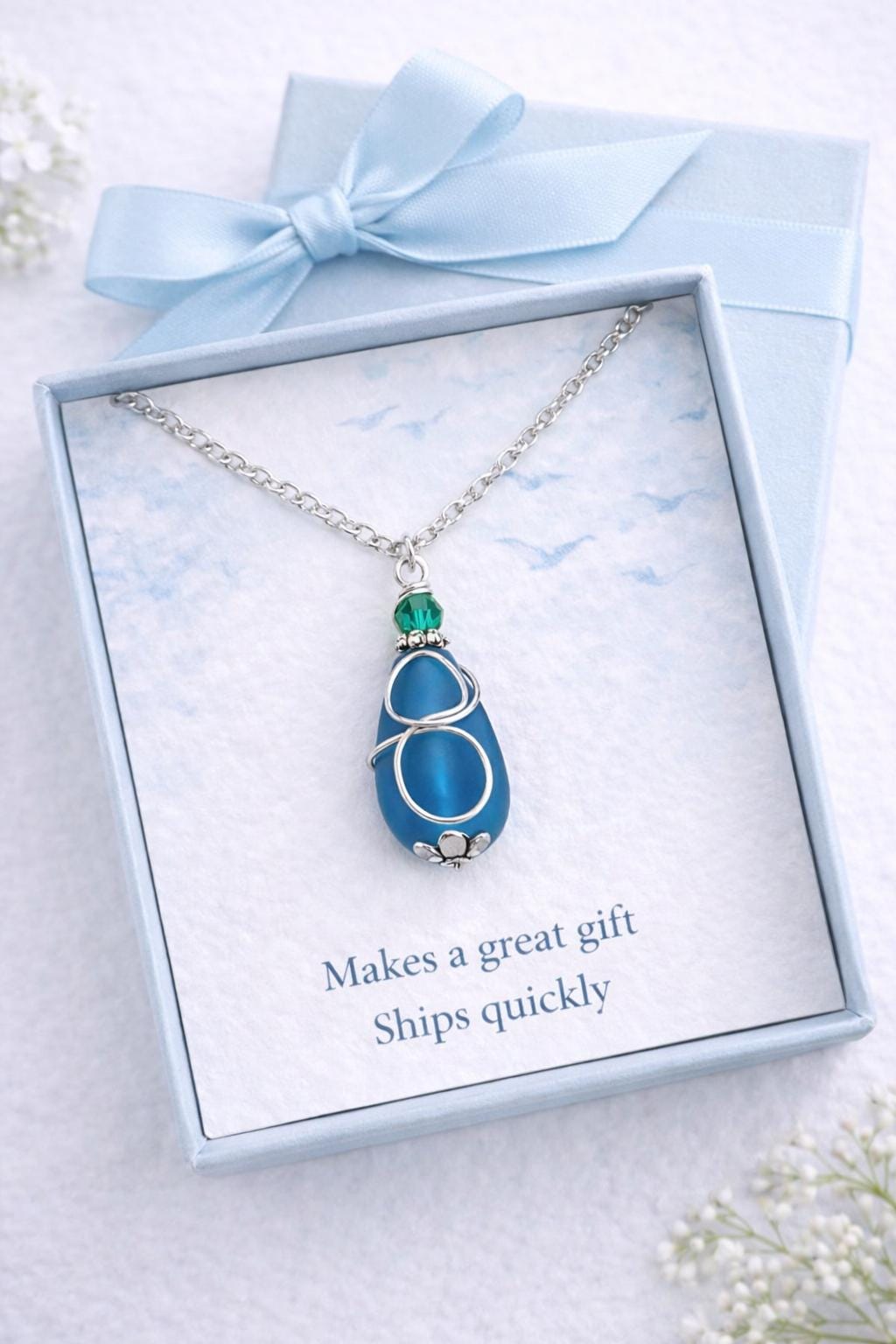 Frosted Sea Glass Necklace | Wire Wrapped Gemstone Pendant