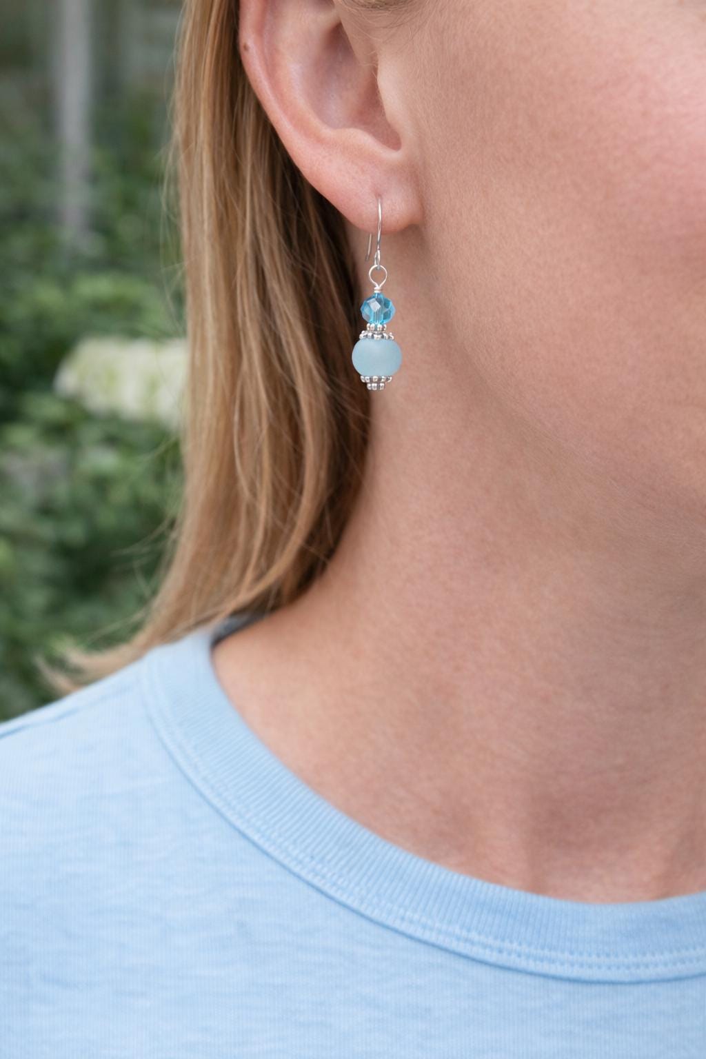 Light Blue Drop Earrings, Simple Silver Dangle Earrings, Minimal Everyday Earrings, Easy Gift for Her