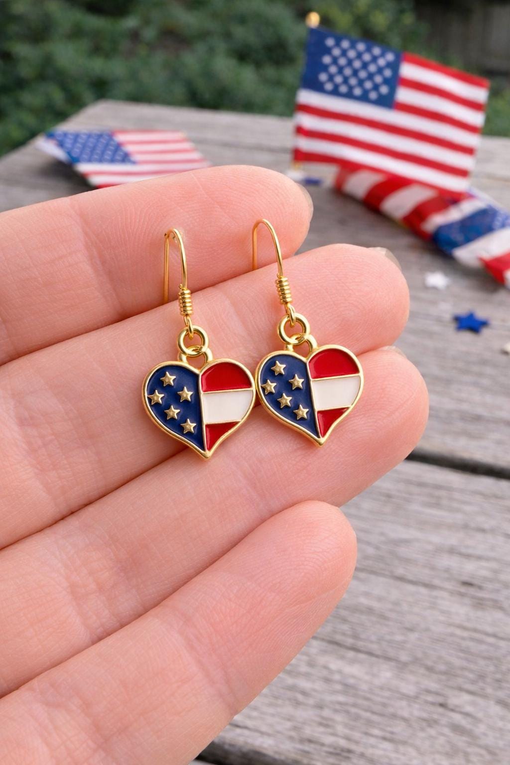 Patriotic Heart Earrings – Red White Blue Dangle Earrings, Gold Heart Earrings for 4th of July, Texas Pride Jewelry Gift
