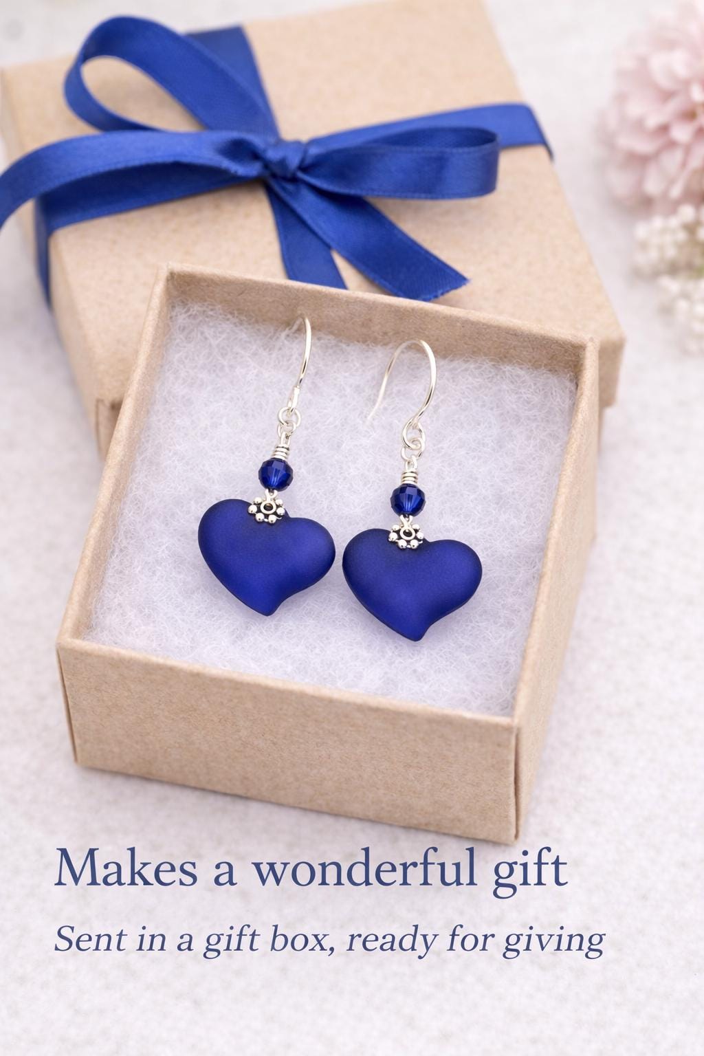 Cobalt Blue Heart Earrings for Women β Handmade Romantic Drop Earrings, Minimalist Love Jewelry, Gift for Girlfriend or Wife