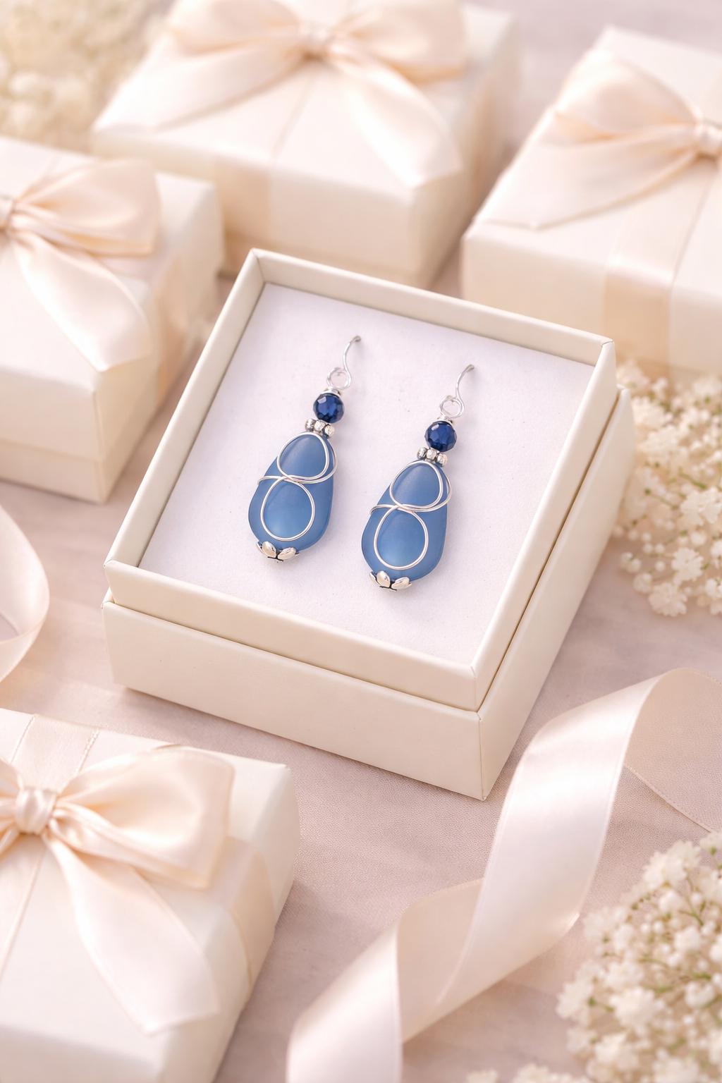 Blue Sea Glass Bridesmaid Earrings Sterling Silver – Beach Wedding Jewelry Gifts