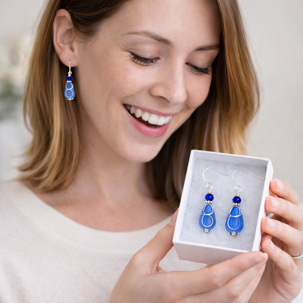 Birthday Gift For Her, Blue Sea Glass Sterling Silver Dangles, Ocean Inspired Jewelry