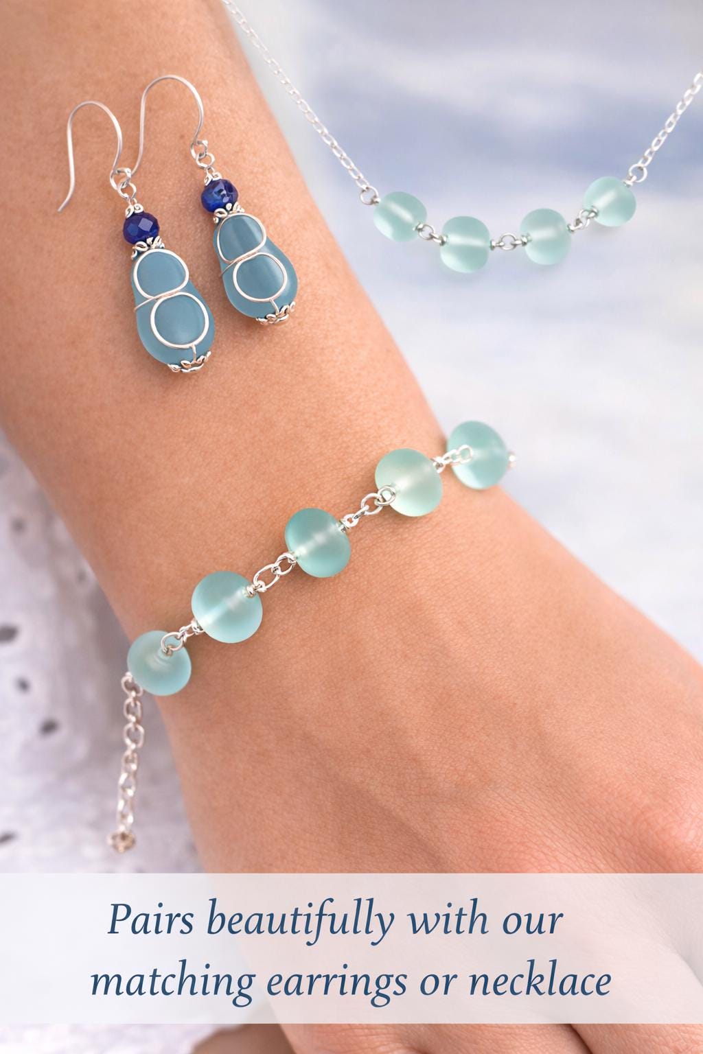 Sea Glass Beaded Chain Bracelet • Coastal Blue Jewelry • Lightweight Everyday Wear