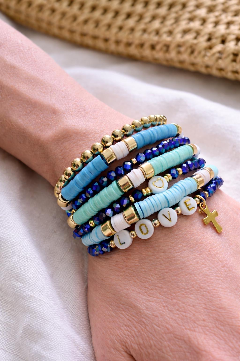 Faith Inspired Stackable Bracelets for Women – Blue & Gold Stretch Bracelet Set, Christian Jewelry Gift, Encouragement Bracelet Stack