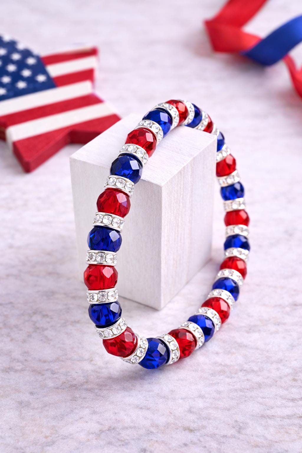 Patriotic Red White Blue Stretch Bracelet – Hypoallergenic Beaded Bracelet, 4th of July Jewelry, Custom Size Comfort Bracelet