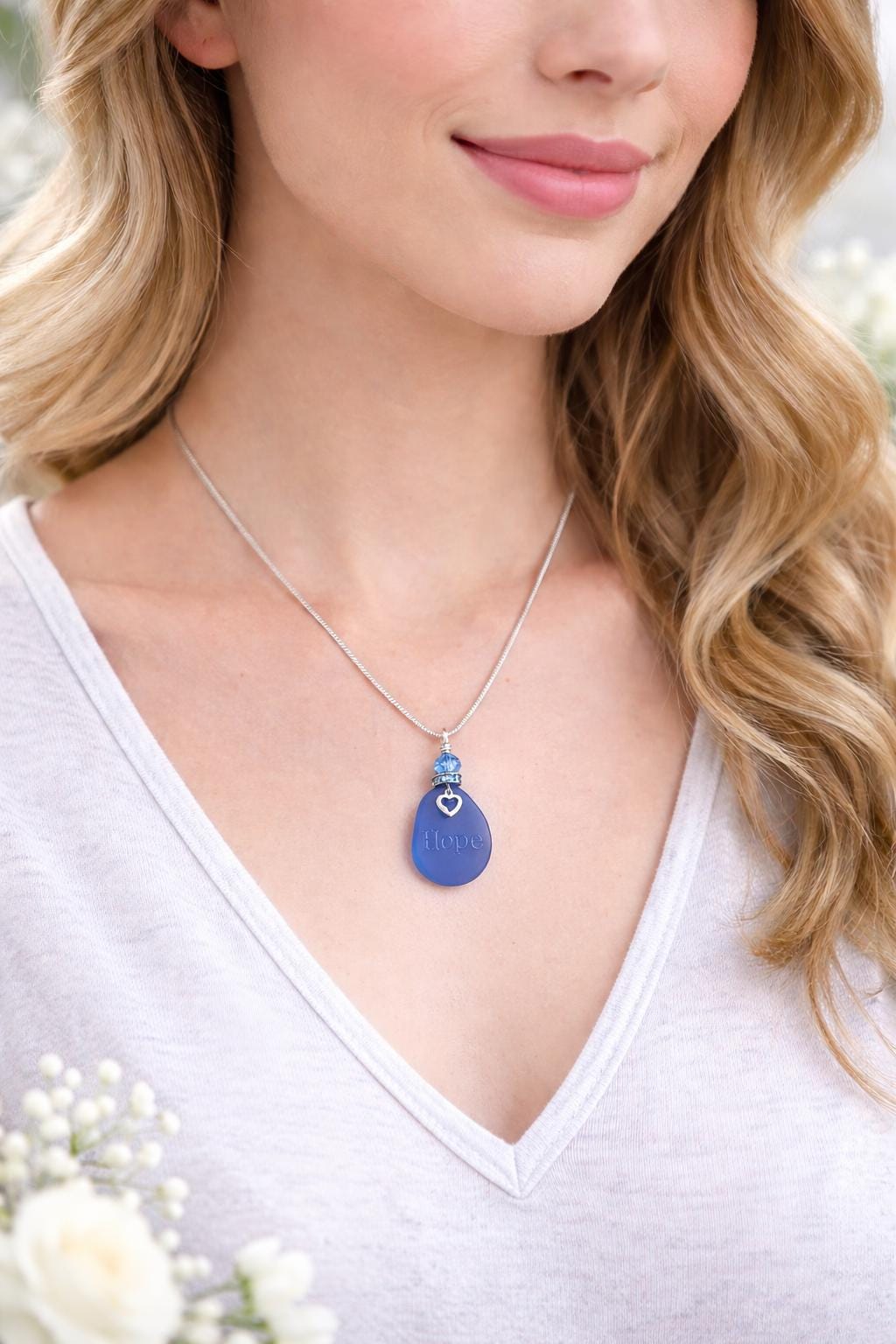 Hope Necklace – Inspirational Encouragement Gift – Sympathy Gift for Friend – Faith Jewelry – Blue Sea Glass Style Pendant – Gift for Her