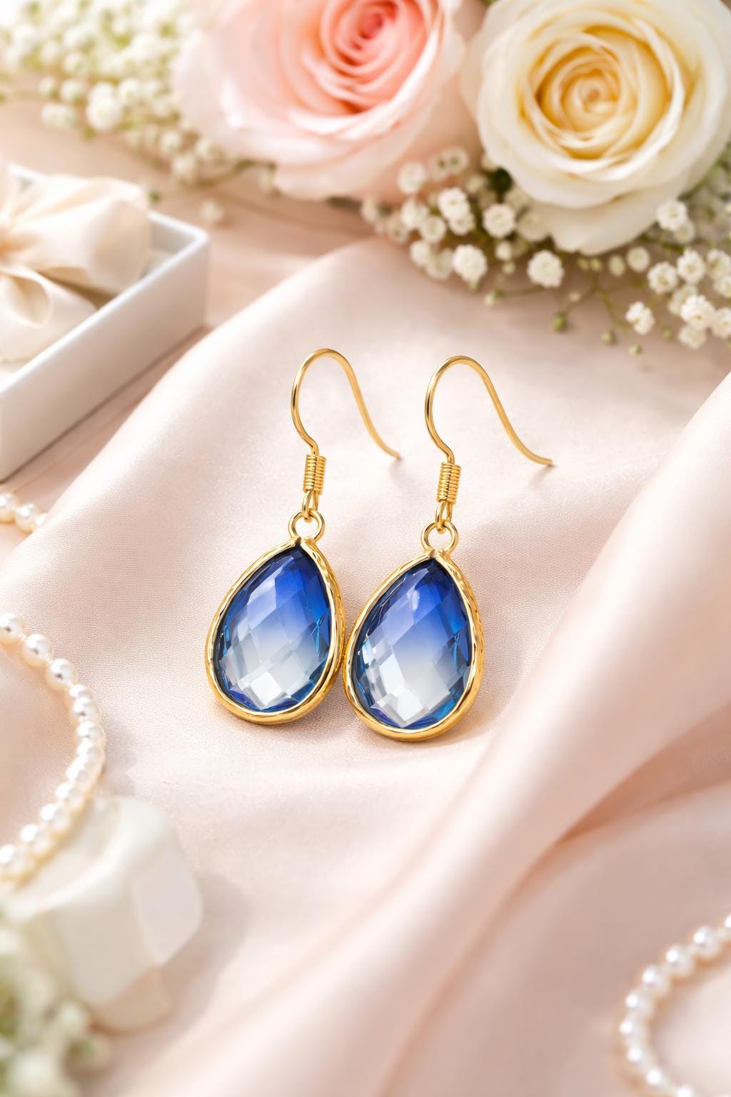 Hypoallergenic Blue Teardrop Necklace – 18kt Gold Wedding Jewelry – Bridesmaid Gift – Something Blue Bridal Necklace