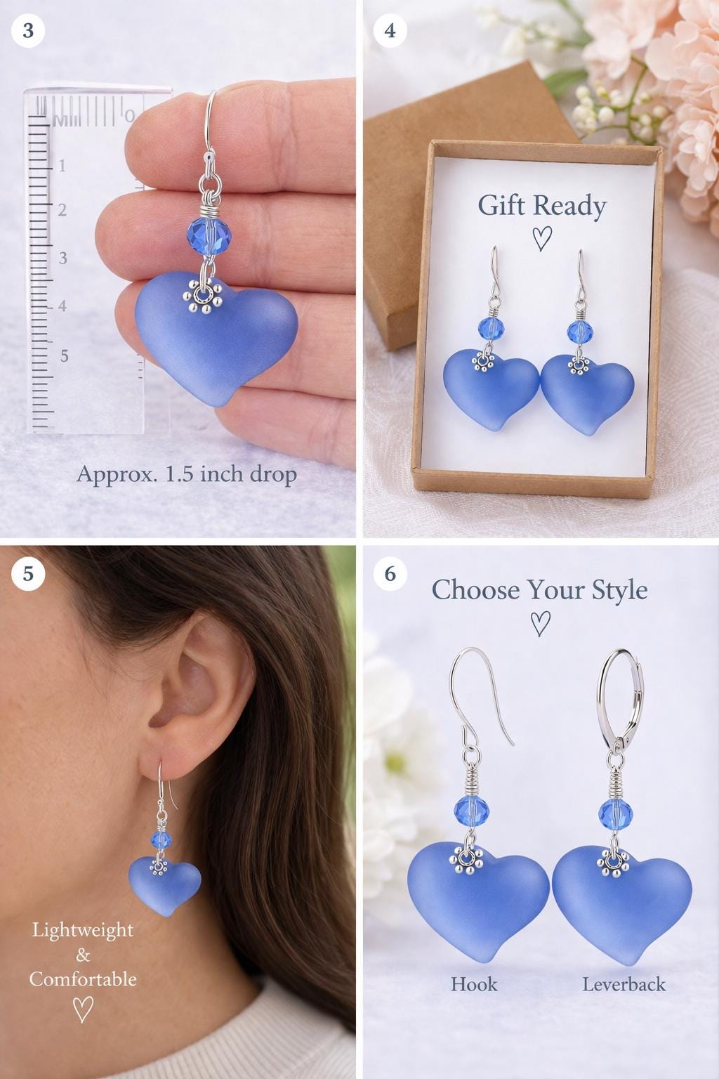 Blue Heart Earrings Gift for Mom, Mother’s Day Jewelry, Meaningful Gift for Mom from Daughter, Dainty Silver Heart Earrings