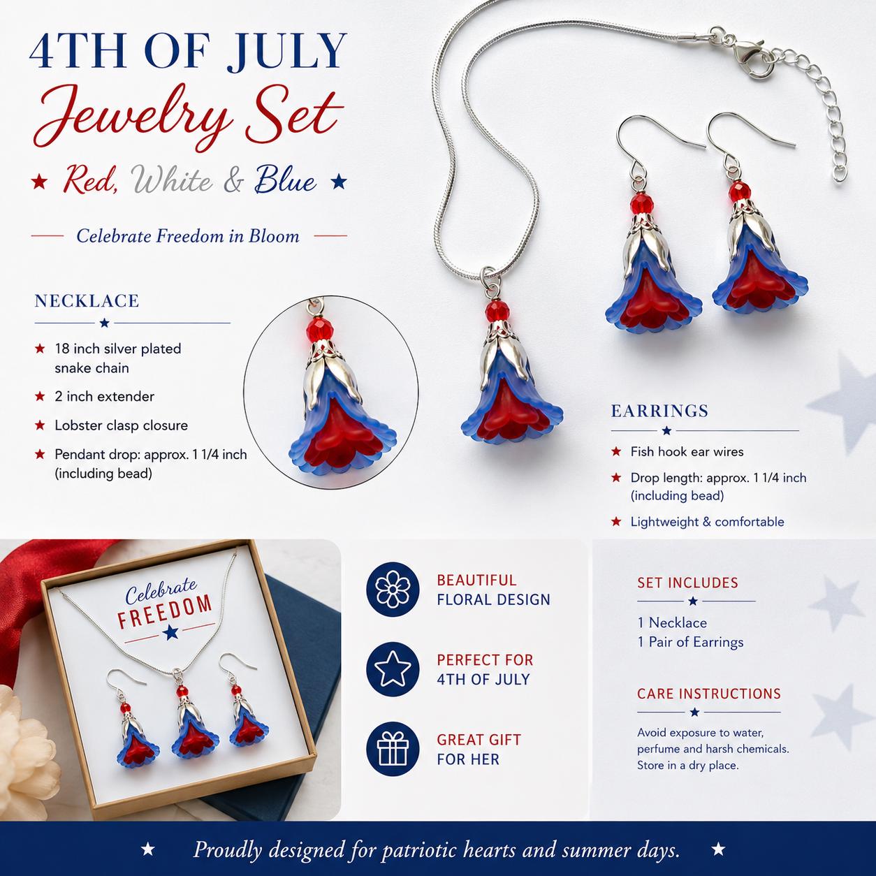 Patriotic Red White Blue Jewelry Set, 4th of July Necklace and Earrings Set, Americana Flower Jewelry, Independence Day Accessories, USA