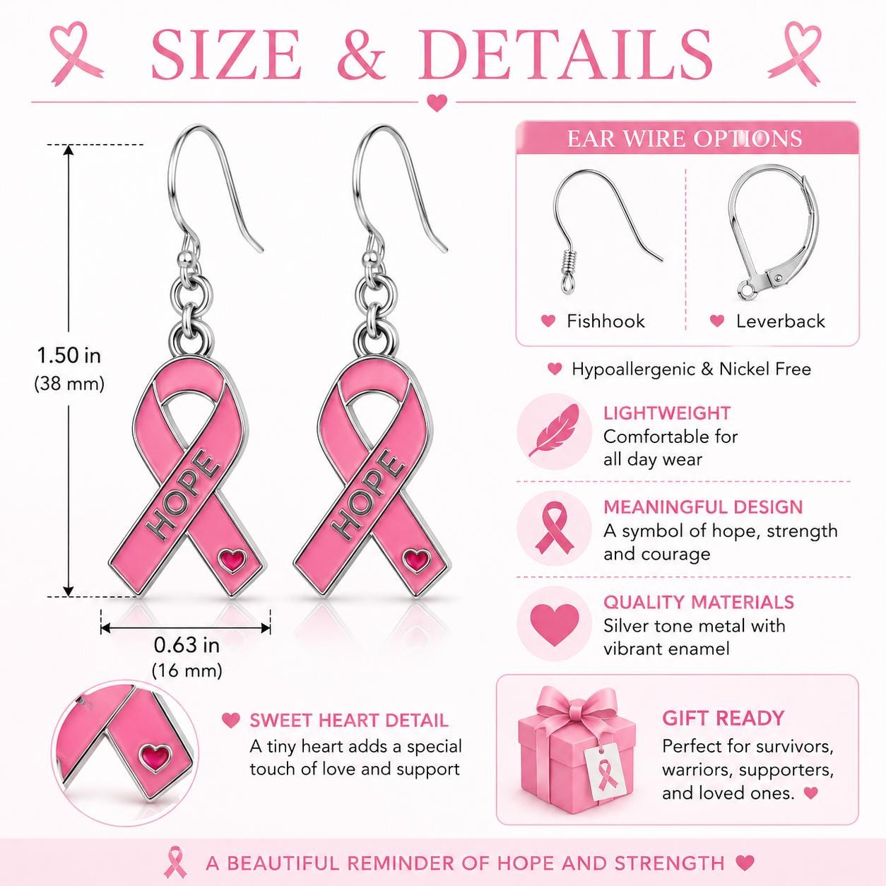 Breast Cancer Awareness Jewelry Set, Pink Ribbon Necklace and Earrings, Hope Jewelry, Survivor Gift, Cancer Warrior Gift, October Awareness