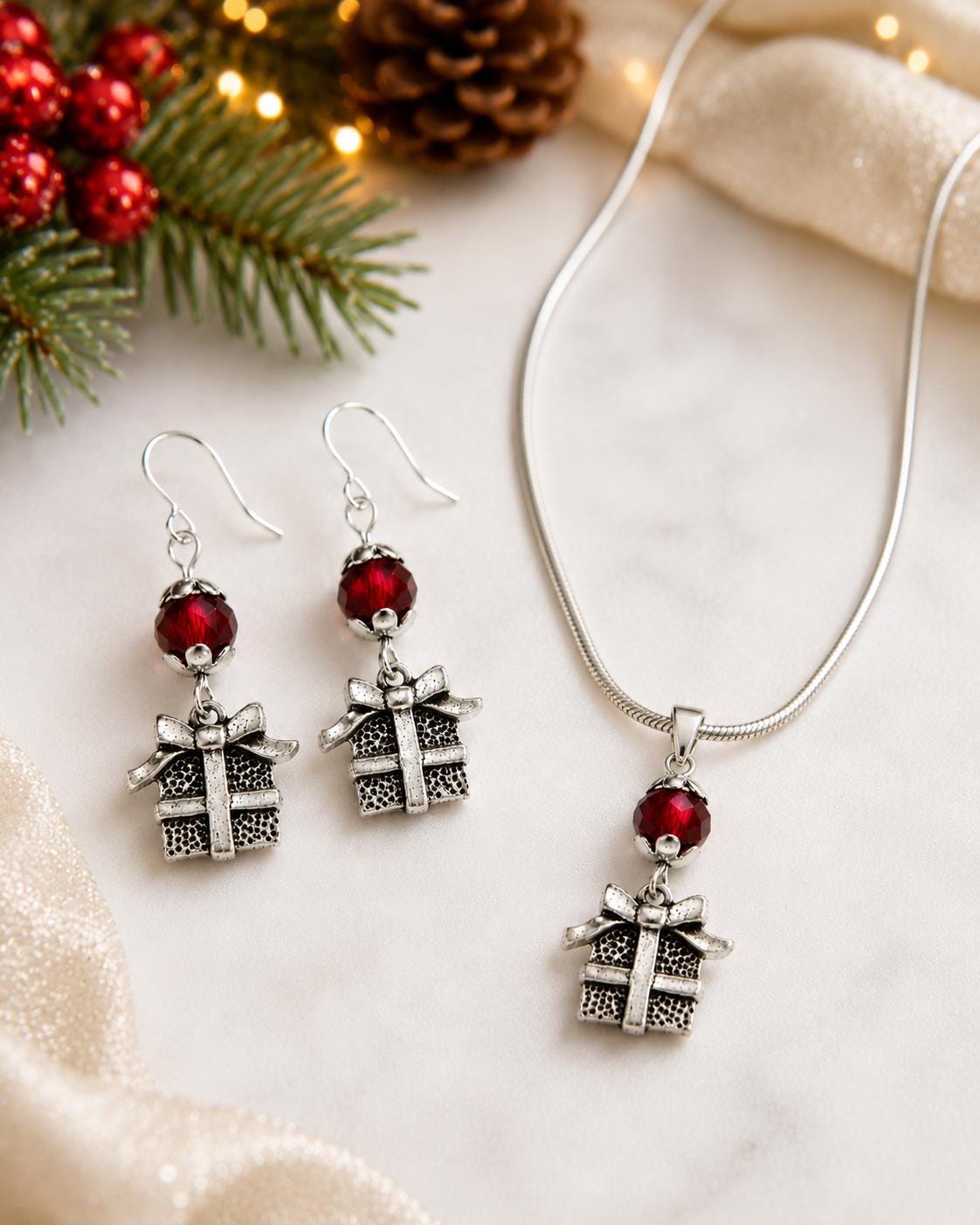 Christmas Present Earrings Necklace Set, Gift Box Jewelry Set, Holiday Earrings, Christmas Gift Necklace, Red Crystal Jewelry, Secret Santa