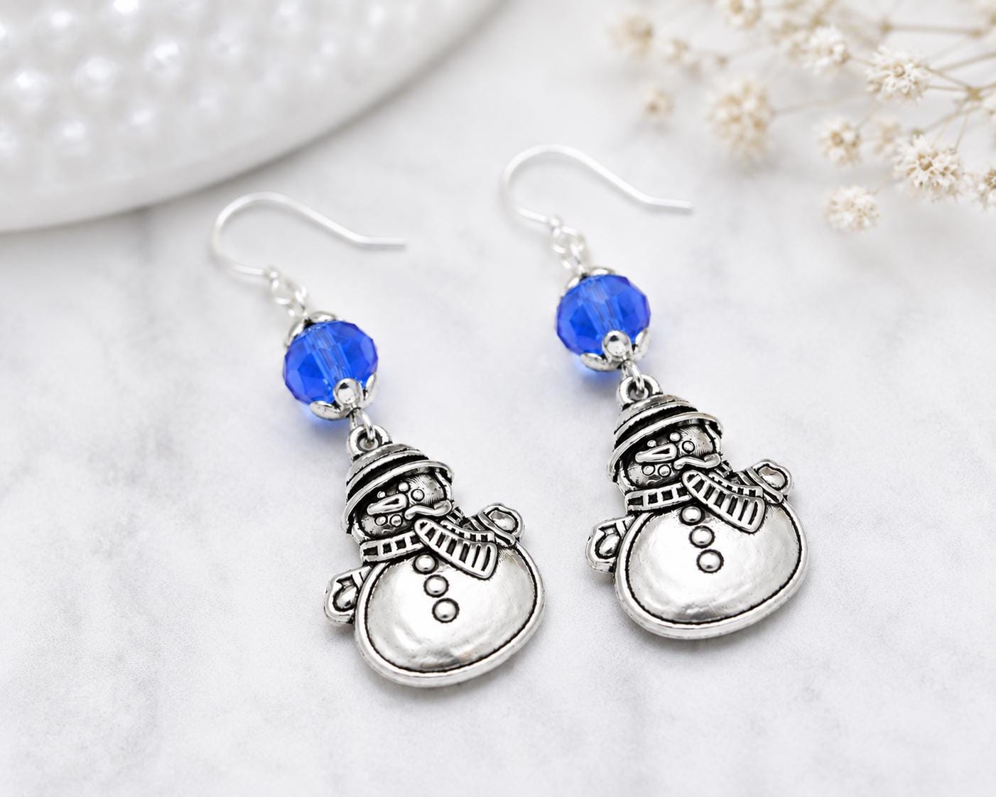 Snowman Earrings, Winter Dangle Earrings, Christmas Earrings, Blue Crystal Earrings, Holiday Jewelry, Snowman Jewelry, Stocking Stuffer Gift