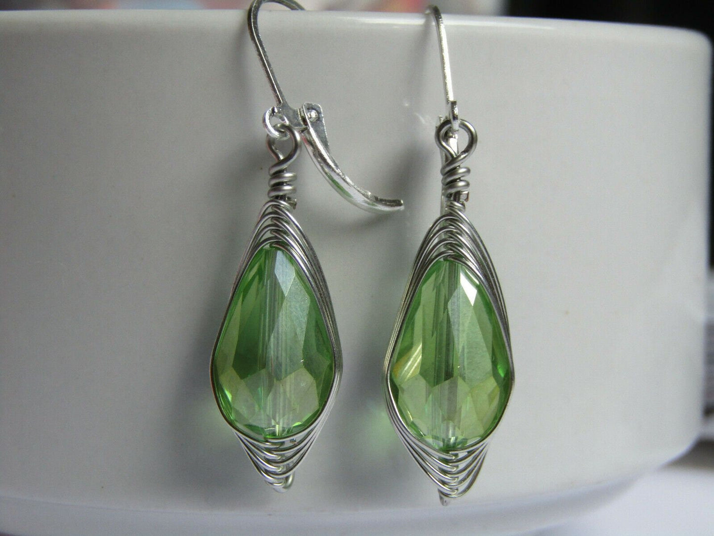 Faceted Light Green Crystal Teardrop Silver Leverback Earrings Usa Handmade - Bad Apple Designs Jewelry
