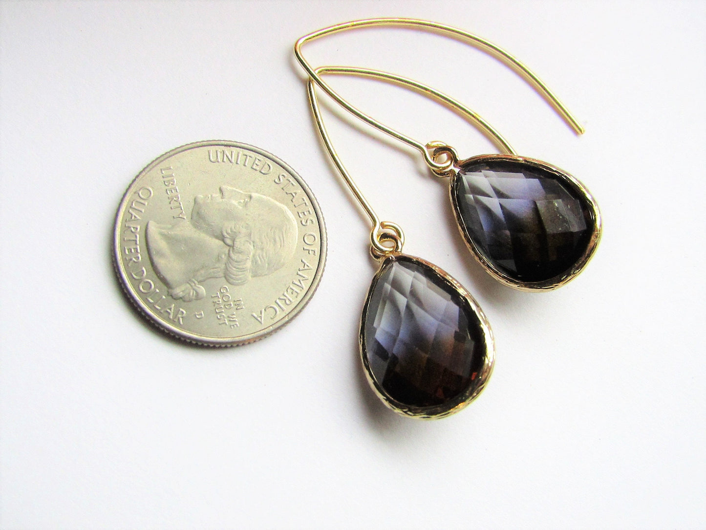 Faceted Glass Teardrop Earrings-Black Graduated Clear-Smokey Gray-Gold Toned-Bridal, Bridesmaid, Black Tie, Dinner Party - Bad Apple Designs Jewelry