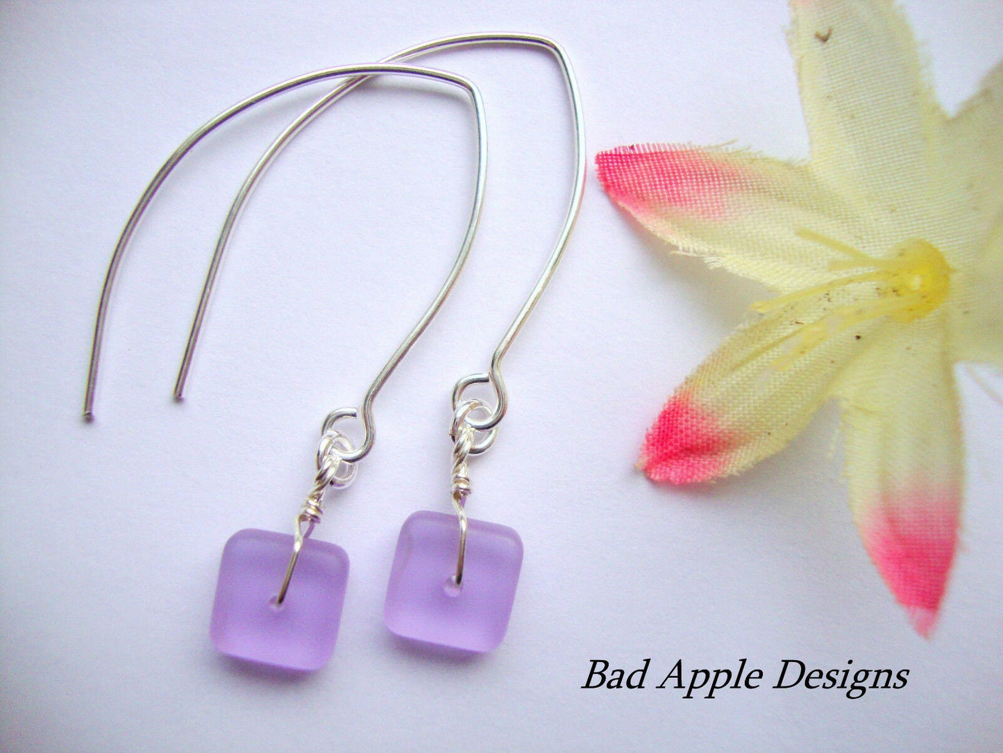 Flat, Forward-Facing, Dainty Frosted Sea Glass Silver Marquise Earrings, Minimalist Jewelry - Bad Apple Designs Jewelry