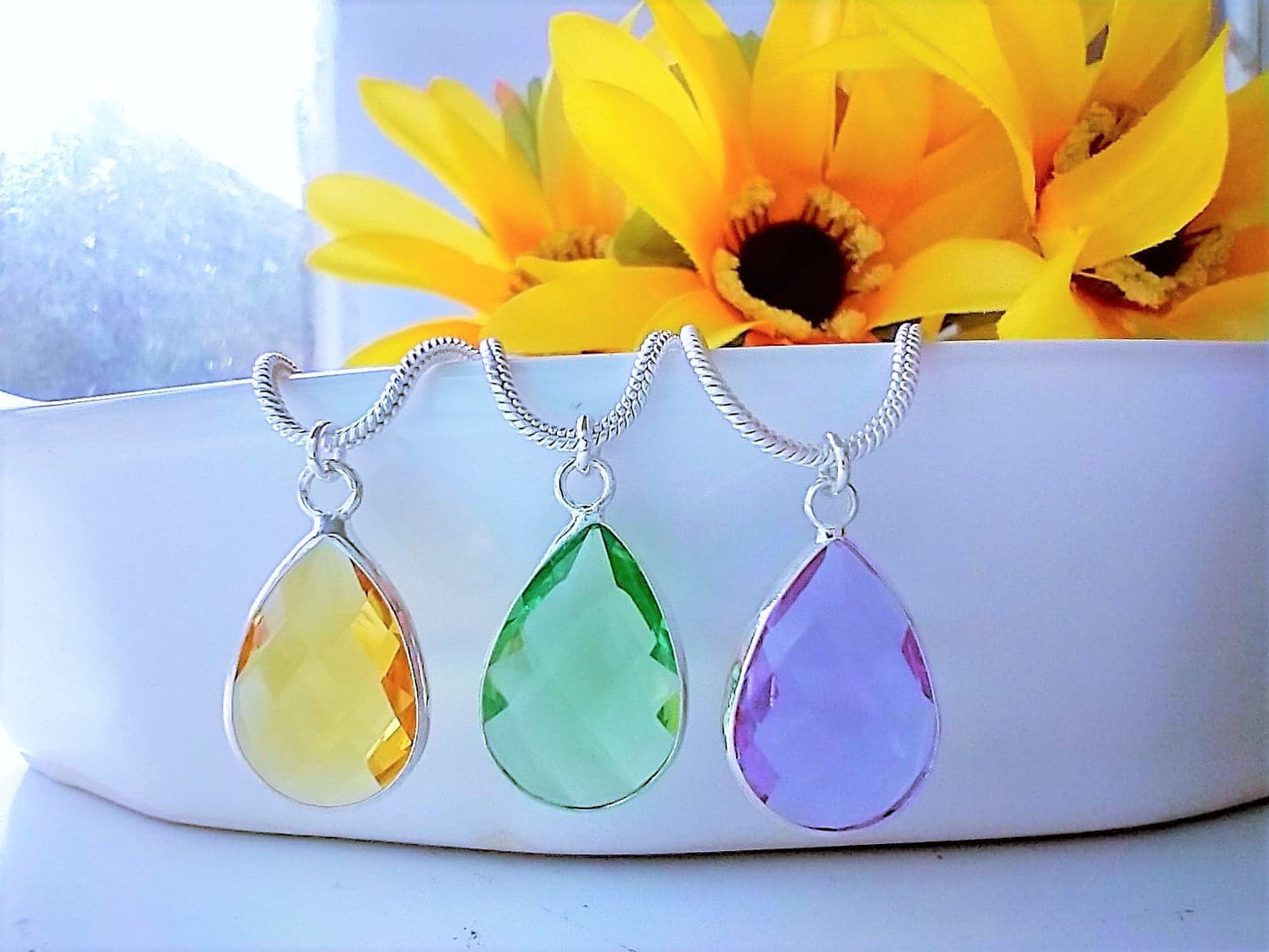 Faceted Glass Drop, Silver 18 Inch Snake Chain Necklace, Bridesmaid, Birthstone, Dainty Necklace, Minimalist Pendant, Gift For Her